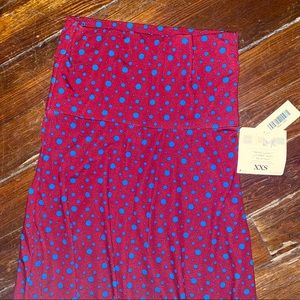 LuLaRoe Maxi Skirt XXS Red with Blue Dots Design